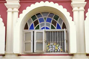 Category Historic EN Prints: Carved window with stained glass Goa Maharashtra India Asia September 2010