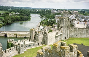 Castle, bridge and town, Pembroke, Pembrokeshire, Wales, UK 1977