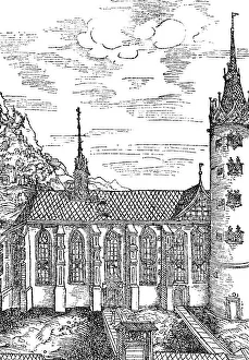 Castle church in Wittenberg, illustration from the Wittenberg sanctuary book of 1509, round tower, ridge turret, historical illustration 1883