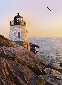Castle Hill Lighthouse at twilight as the sun sets