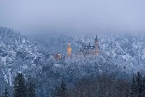 Castle rises above a quiet, snow-covered winter landscape under a misty sky