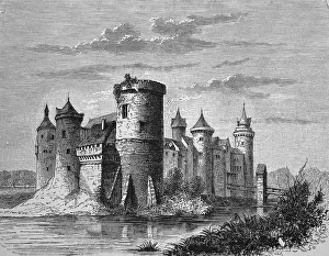 Castle in Rouen, France, historic woodcut