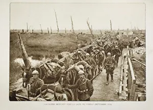 Cavalry heading for the battlefield through bombarded terrain in Flanders during the First World War