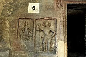 Category Historic EN Prints: Cave cut into sandstone hill 5 kms from vidish gupta shrines no 6 showing different gods on walls outside door frame
