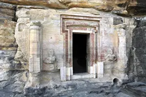 Category Historic EN Prints: Cave cut into sandstone hill 5 kms from vidisha gupta shrines no 4 showing door frame and column and figures