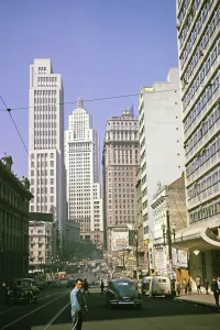 CBD buildings and streets in the city centre of Sao Paulo, Brazil, South America 1962 Altino Arantes or Banespa building in the background, built in 1940, South America