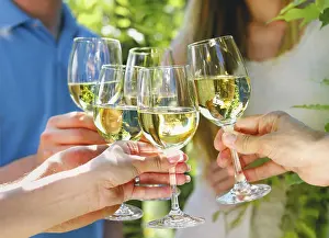 Celebration. People holding glasses of white wine making a toast