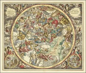 Celestial chart representing the constellations according to Christian symbolism, 1660, digital improved reproduction of a work of Andreas Cellarius (1596 - 1665), a Dutch-German cartographer and cosmographer