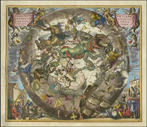 Celestial map of the southern hemisphere with the title Haemisphaerium Scenographicum Australe Coeli Stellati Et Terrae