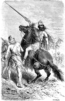 Celtic warrior with helmet and sword on horseback, rider and leader in a battle, weapons, dagger, lance, Iron Age ethnic group in Europe, people, history of mankind, historical illustration 1880