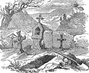 Cemetery with an open grave, engraving