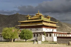 Central temple Uetse below dark skies Samye Monastery Tibet China
