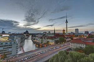 The centre of Berlin with the TV tower at Alexanderplatz after sunset