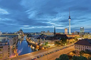 The centre of Berlin with the TV tower at Alexanderplatz after sunset