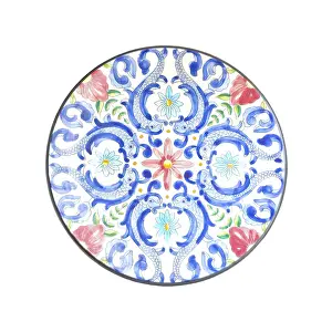 Ceramic round plate design in blue red and green isolated on white