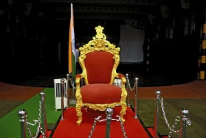 Category Historic EN Prints: Chair carved with national emblem and indian flag kept on board of INS viraat R22
