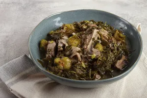 Chakapuli, Georgian dish, stewed meat with herbs and tkemali