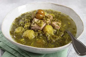 Chakapuli, Georgian dish, stewed meat with herbs and tkemali
