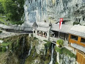 A charming chalet with a red flag