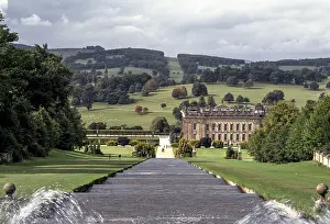 Chatsworth Garden, view of the castle from the large cascade