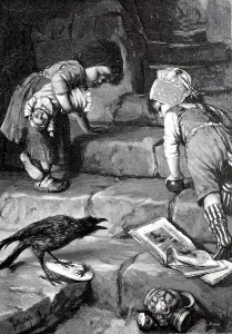 Cheeky raven bird threatens two small children who are on the retreat and are afraid