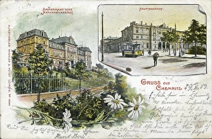 Chemnitz railway station, c. 1910, postcard, Saxony, Germany, digitally enhanced reproduction from a historical original, c. 1900, public domain, Europe