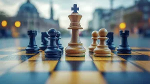 Chess pieces on a board outdoors with a blurred city background at twilight, AI generated