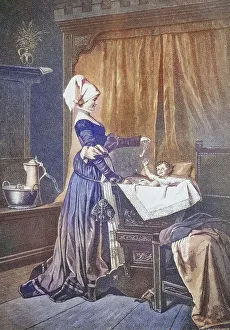 Child in the cradle, in front of it a nurse
