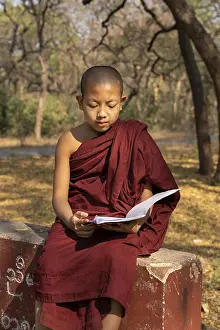 Child monk with red robe reading on a red wall