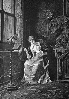 Child and parrot, historical illustration