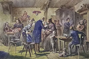 Child vaccination, historical engraving