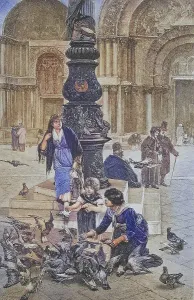 Children feeding pigeons in St Mark's Square in Venice