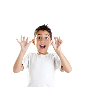 Children with funny expression gesture open hand fingers isolated on white