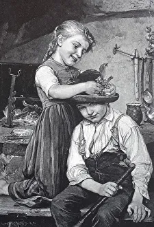 Two children, girl ties flowers and a feather to a boy's hat