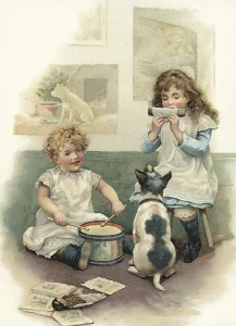 Two children playing for their dog on this illustration from the turn of the century 1800-1900