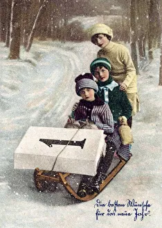 Children sitting on a sled, New Year