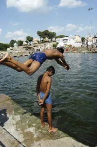 Children taking bathe in Shipra river at Ujjain