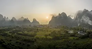 Category Mountain Landscapes Prints: Chinese karst mountains near Yangshuo at sunrise