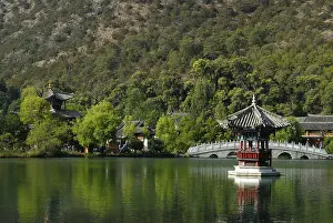 Chinese pagoda and stone bridge in Black Dragon Pool