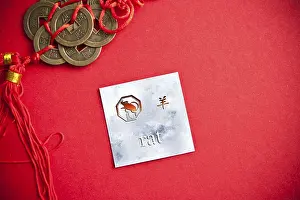 Chinese themed image with zodiac sign of the rat on red backdrop surrounded by coins