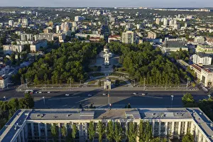 Chisinau, Moldova, August 2020: Aerial view of Government House and Cathedral Park in the center of Chisinau