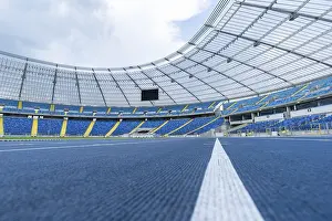 CHORZOW, POLAND - MAY 9, 2018: athletics track at Silesian Stadium multifunctional arena adapted to football matches