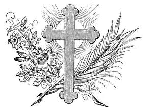 Christian symbols with cross, palm branch