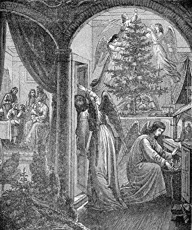 Christmas decorations, angels hide the gifts and decorate the Christmas tree