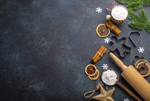 Christmas and New Year festive baking background with kitchen tools