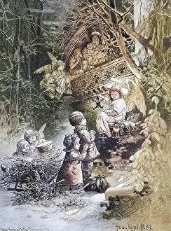 Christmas night, The children have already received their first presents and are out and about in the snowy landscape