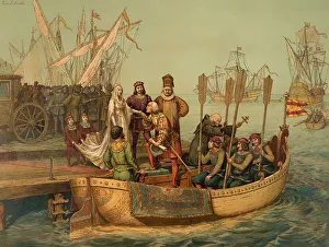 Christopher Columbus and his crew leaving the port of Palos