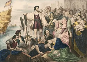 Christopher Columbus and his crew leaving the port of Palos