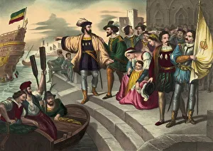 Christopher Columbus and his crew leaving the port of Palos