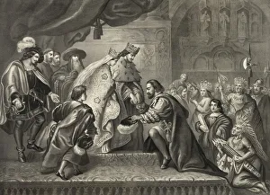 Christopher Columbus standing before King Ferdinand and Queen Isabella on his return to Spain